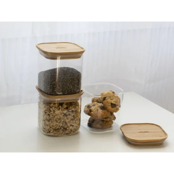 Lot 3 Boîtes De Conservation En Verre Et Bambou Carré 800 Ml Pebbly magasin pour 3